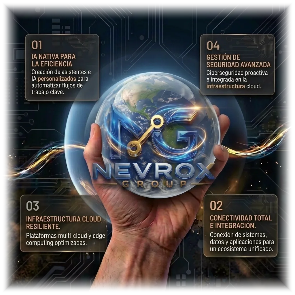 Ecosistema Nevrox Group: IA nativa para la eficiencia, conectividad total e integración, infraestructura cloud resiliente y gestión de seguridad avanzada